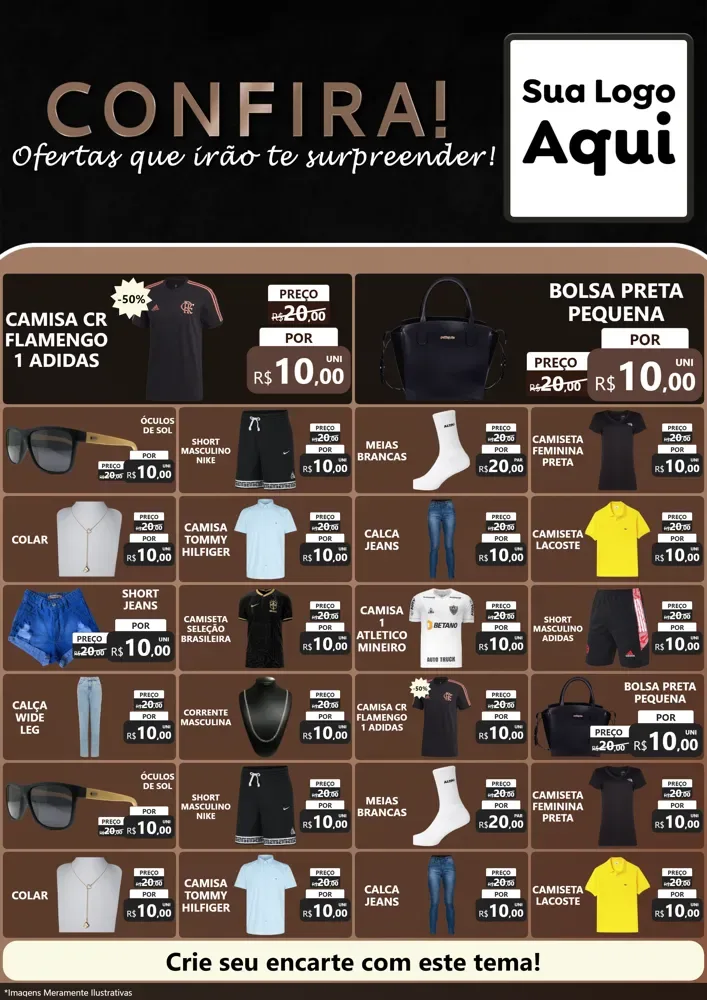 Modelo de Encarte para Encarte A4 Vertical com o tema Confira! Ofertas que irão te surpreender! para Roupas e acessórios