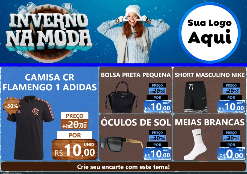Modelo de Encarte para Encarte A4 Horizontal com o tema Inverno na Moda para Roupas e acessórios