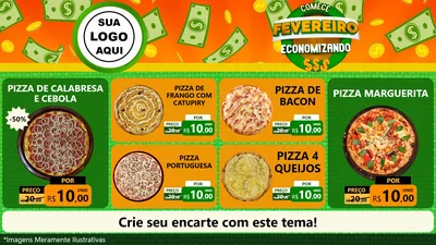 Modelo de TV para TV Horizontal com o tema Comece Fevereiro Economizando para Pizzaria