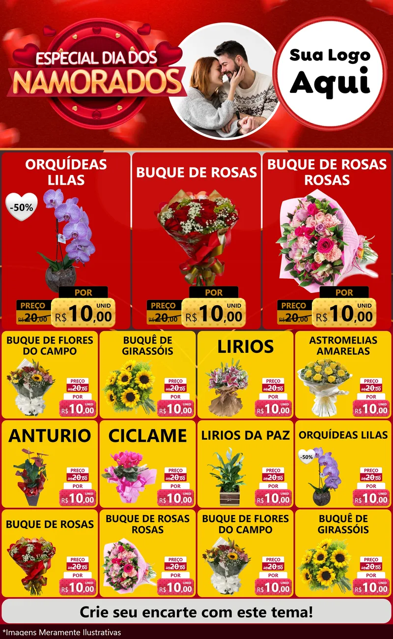 Modelo de Encarte para Encarte Grande com o tema Especial Dia Dos Namorados para Floricultura e jardim