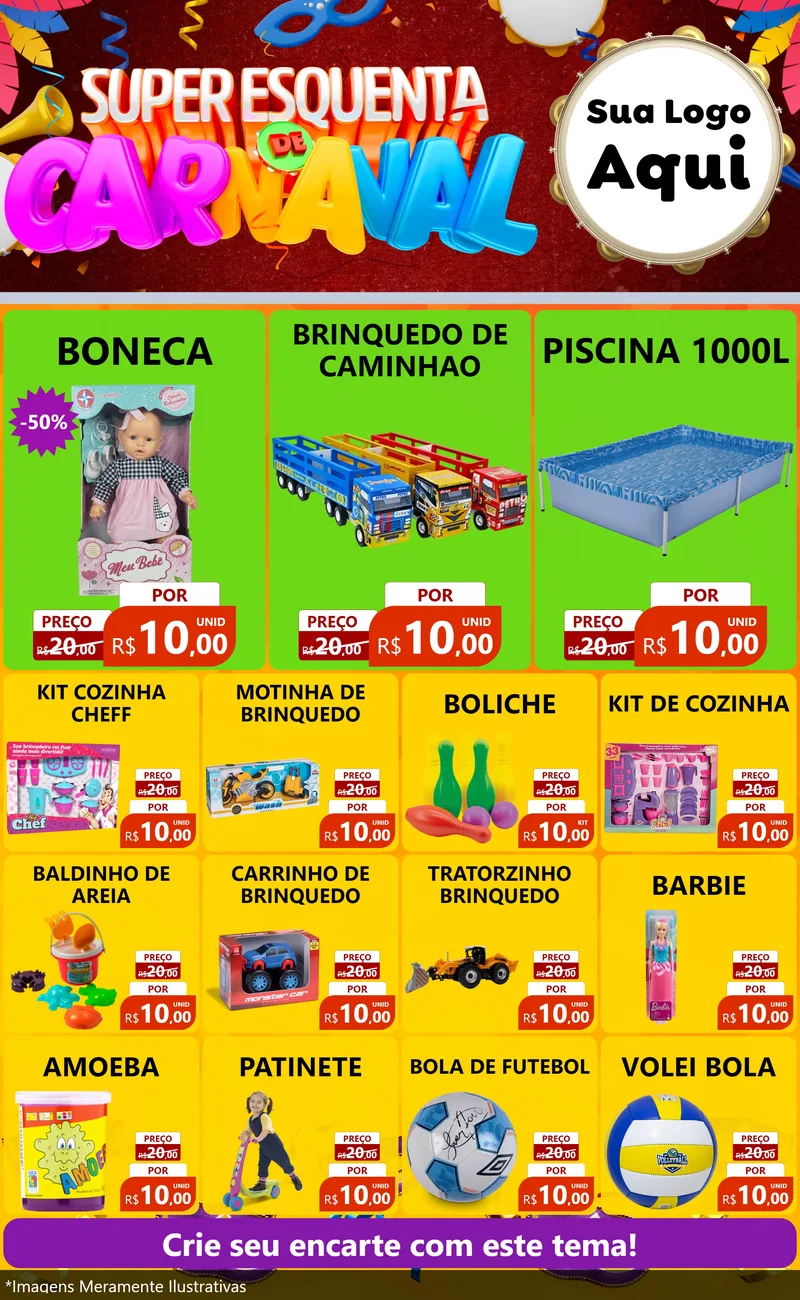 Modelo de Encarte para Encarte Grande com o tema Super Esquenta de Carnaval para Brinquedos