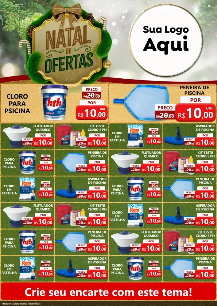 Modelo de Encarte para Encarte A4 Vertical com o tema Ofertas de Natal para Produtos para Piscina