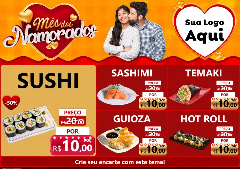 Modelo de Encarte para Encarte A4 Horizontal com o tema Mês dos Namorados para Comida japonesa