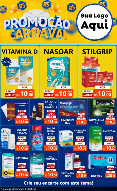 Modelo de Encarte para Encarte Grande com o tema Promoção de Carnaval para Farmácia