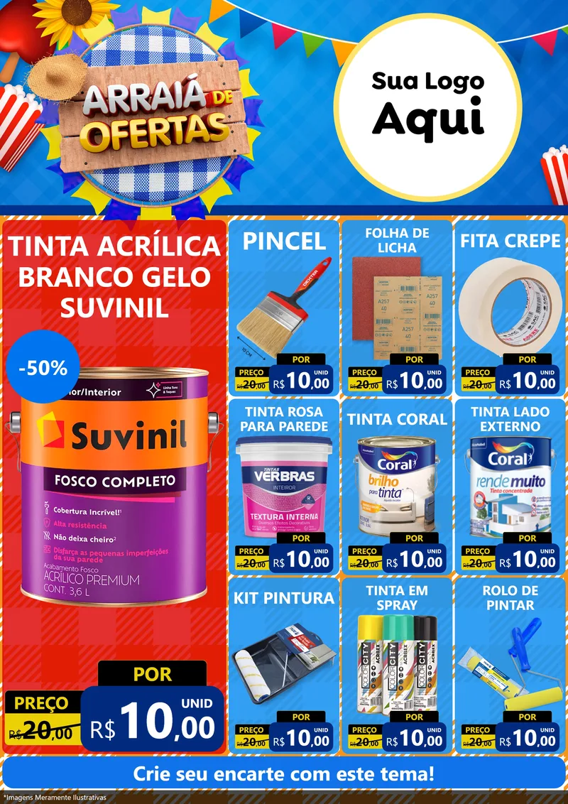 Modelo de Encarte para Encarte A4 Vertical com o tema Arraiá de Ofertas para Tintas e Ferramentas