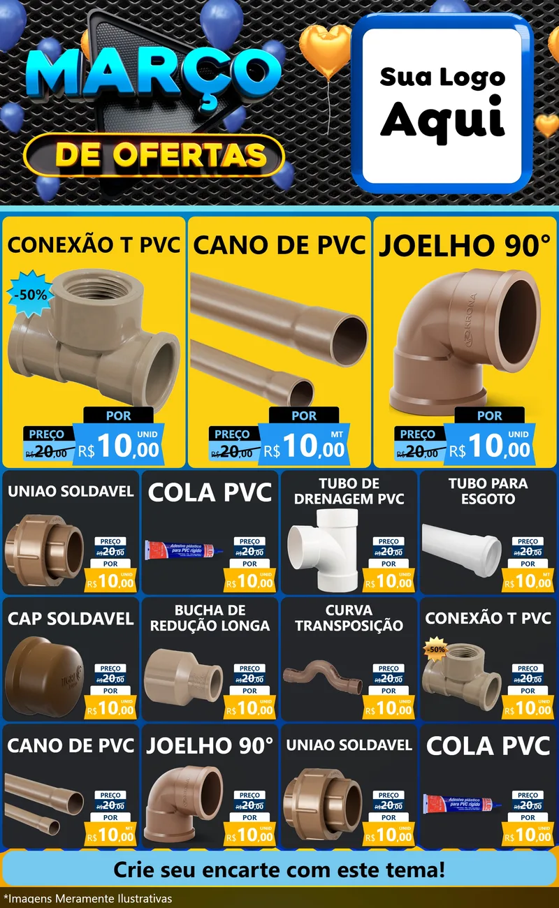 Modelo de Encarte para Encarte Grande com o tema Março de Ofertas para Tubos e conexões