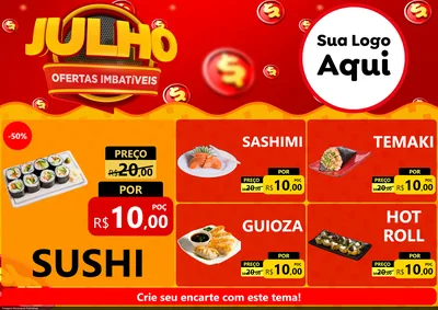 Modelo de Encarte para Encarte A4 Horizontal com o tema Julho Ofertas Imbatíveis para Comida japonesa