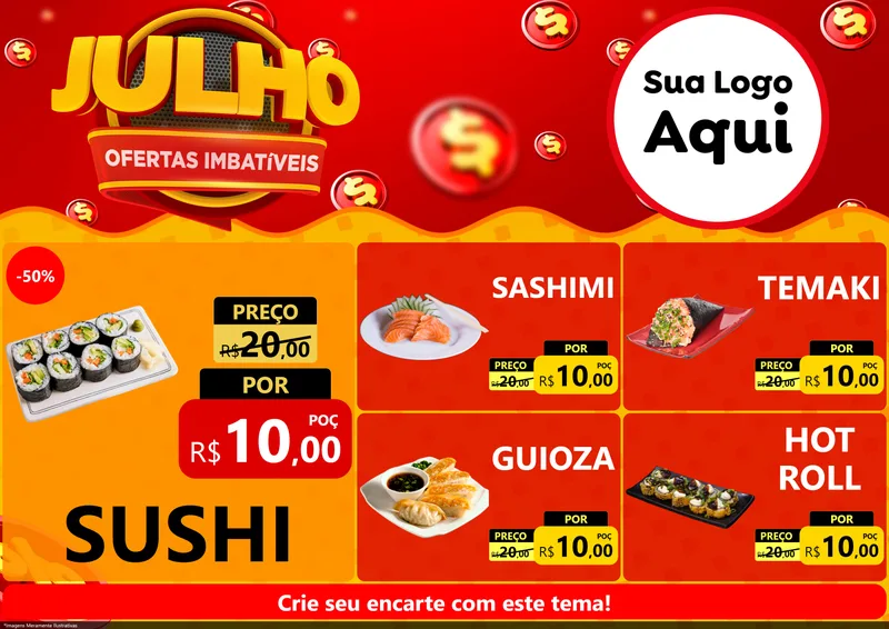 Modelo de Encarte para Encarte A4 Horizontal com o tema Julho Ofertas Imbatíveis para Comida japonesa