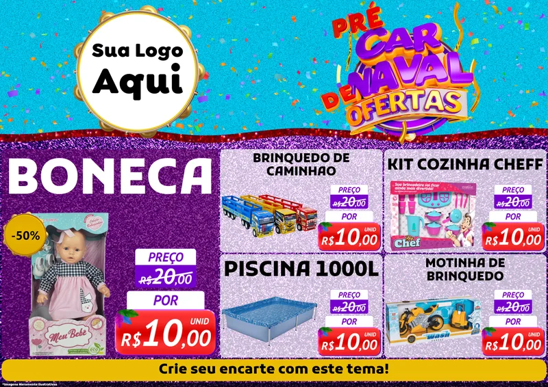 Modelo de Encarte para Encarte A4 Horizontal com o tema Pré Carnaval de Ofertas para Brinquedos