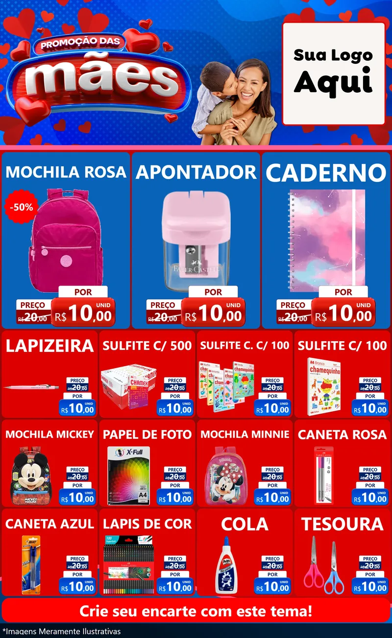 Modelo de Encarte para Encarte Grande com o tema Promoção das Mães para Papelaria