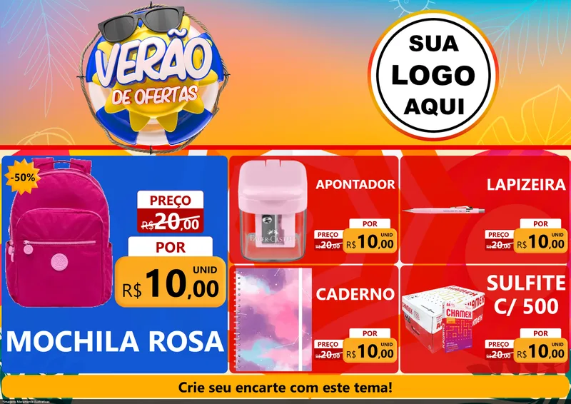 Modelo de Encarte para Encarte A4 Horizontal com o tema Verão de Ofertas para Papelaria