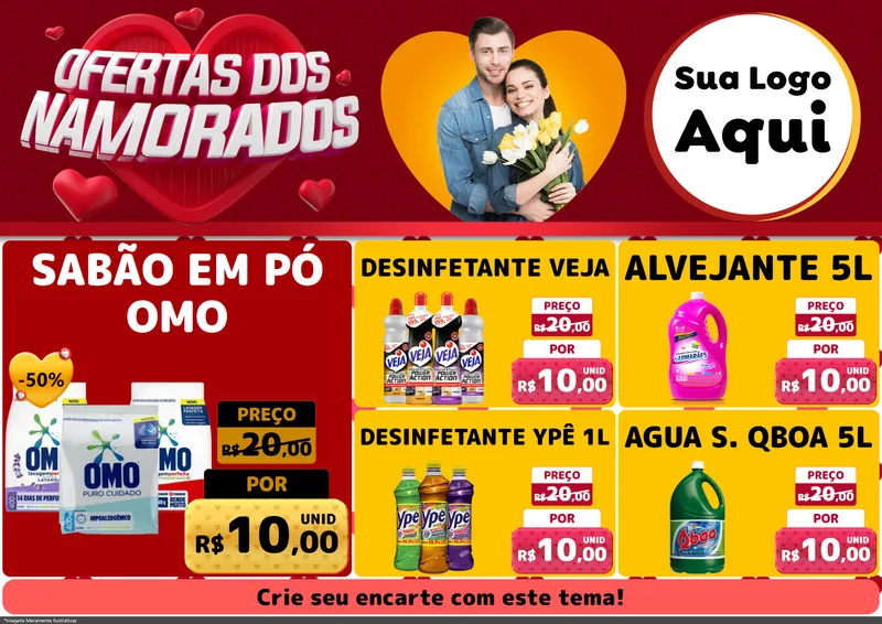Modelo de Encarte para Encarte A4 Horizontal com o tema Ofertas Dos Namorados para Produtos de Limpeza