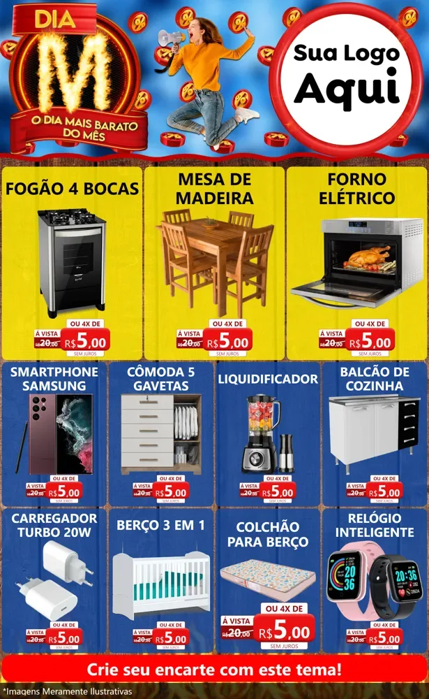 Modelo de Encarte para Encarte Grande com o tema Dia M - O Dia Mais Barato Do Mês para Móveis e Eletro
