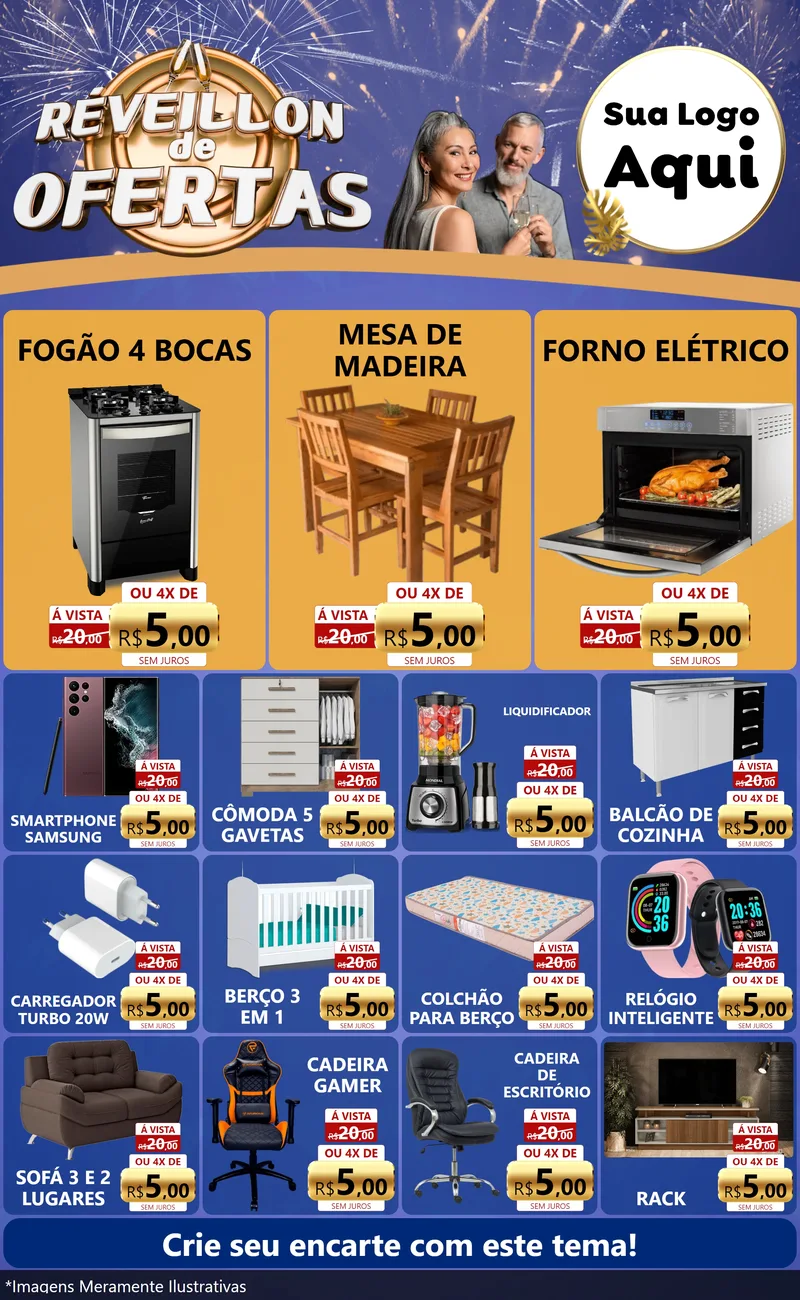 Modelo de Encarte para Encarte Grande com o tema Réveillon de Ofertas para Móveis e Eletro