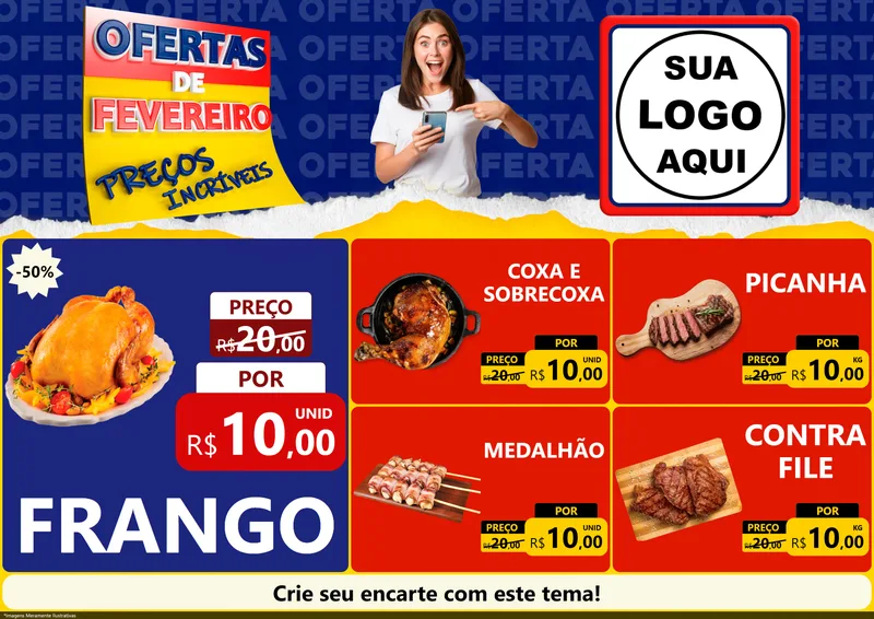 Modelo de Encarte para Encarte A4 Horizontal com o tema Ofertas de Fevereiro - Preços Incríveis para Assados