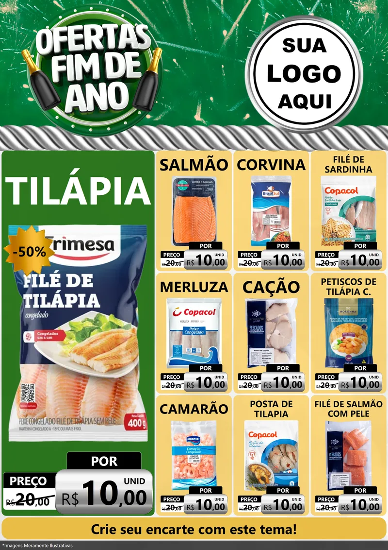 Modelo de Encarte para Encarte A4 Vertical com o tema Ofertas Fim de Ano para Peixaria