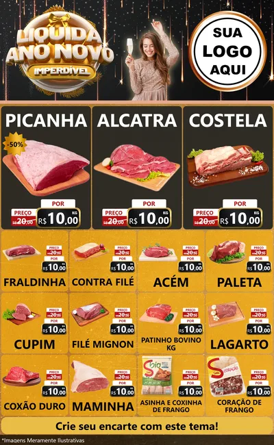 Modelo de Encarte para Encarte Grande com o tema Liquida Ano Novo Imperdível para Açougue