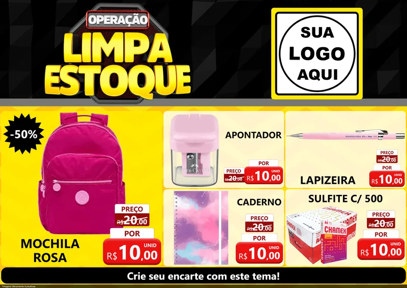 Modelo de Encarte para Encarte A4 Horizontal com o tema Operação Limpa Estoque para Papelaria