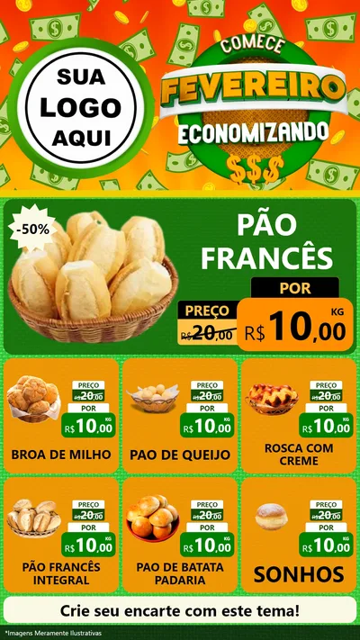 Modelo de Rede Social para Stories com o tema Comece Fevereiro Economizando para Padaria
