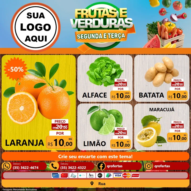 Modelo de Rede Social para Feed Facebook com o tema Frutas e Verduras Segunda e Terça para Hortifrúti