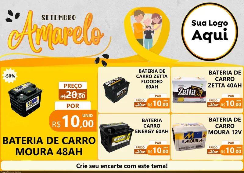Modelo de Encarte para Encarte A4 Horizontal com o tema Setembro Amarelo para Baterias Elétricas
