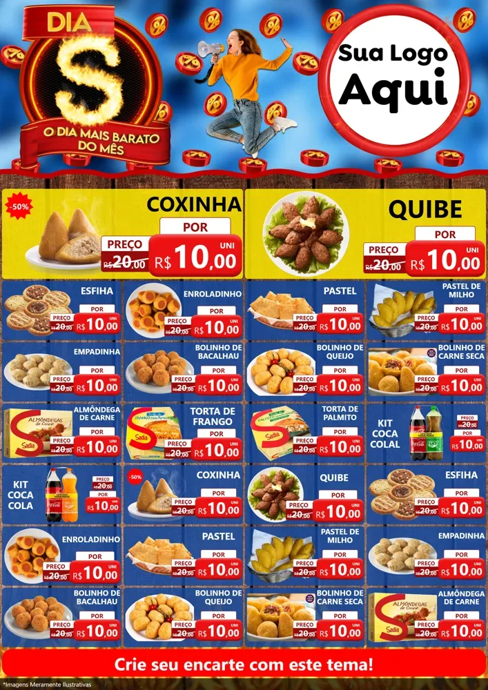 Modelo de Encarte para Encarte A4 Vertical com o tema Dia S - O Dia Mais Barato Do Mês para Salgadaria