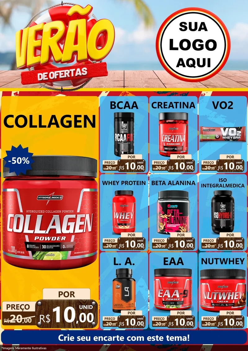 Modelo de Encarte para Encarte A4 Vertical com o tema Verão de Ofertas para Suplementos alimentares