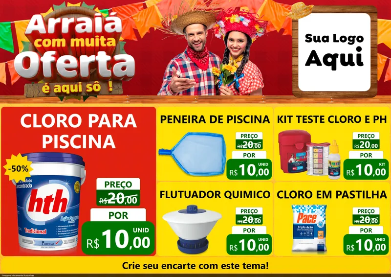 Modelo de Encarte para Encarte A4 Horizontal com o tema Arraiá Com Muita Oferta - É Aqui Sô! para Produtos para Piscina