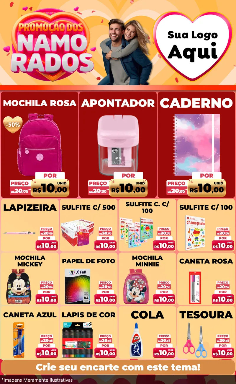 Modelo de Encarte para Encarte Grande com o tema Promoção dos Namorados para Papelaria