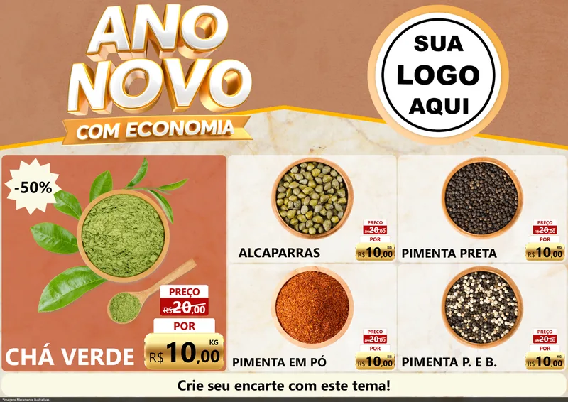 Modelo de Encarte para Encarte A4 Horizontal com o tema Ano Novo Com Economia para Produtos Naturais