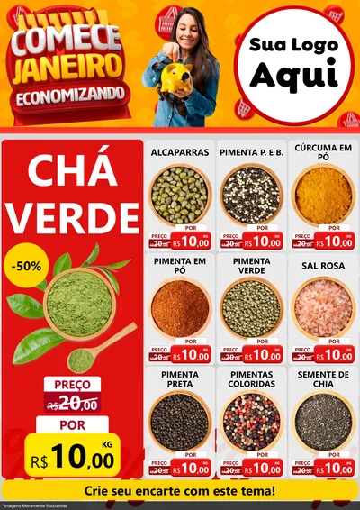 Modelo de Encarte para Encarte A4 Vertical com o tema Comece Janeiro Economizando para Produtos Naturais