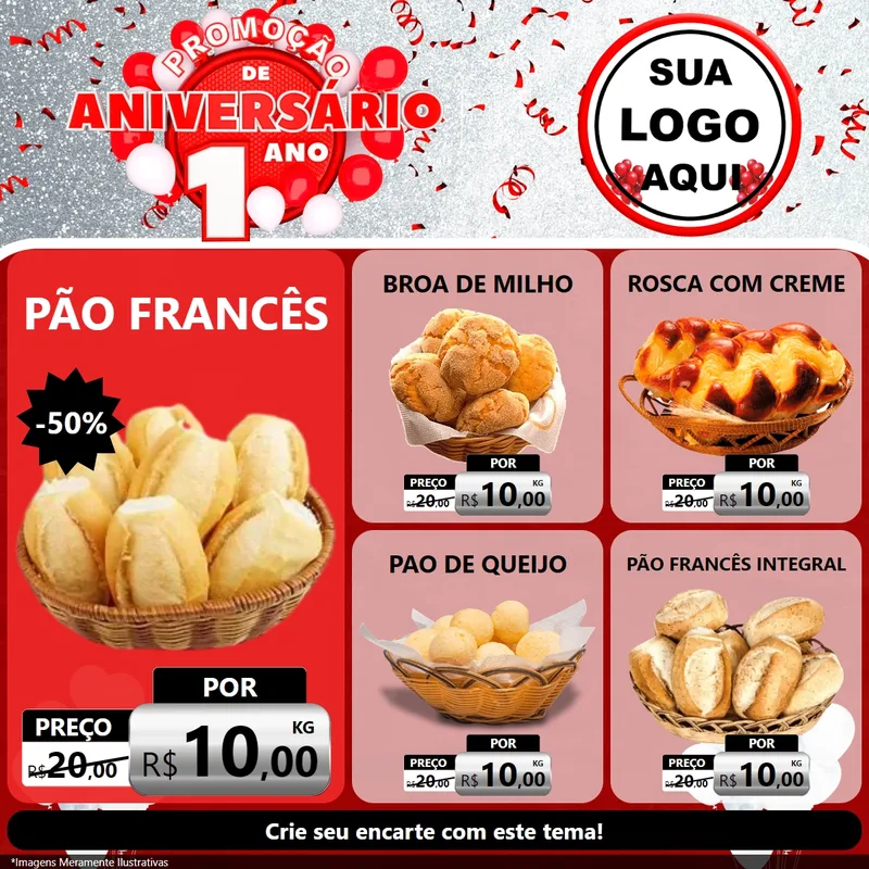 Modelo de Rede Social para Feed Facebook com o tema Promoção de Aniversário - 1 Ano para Padaria