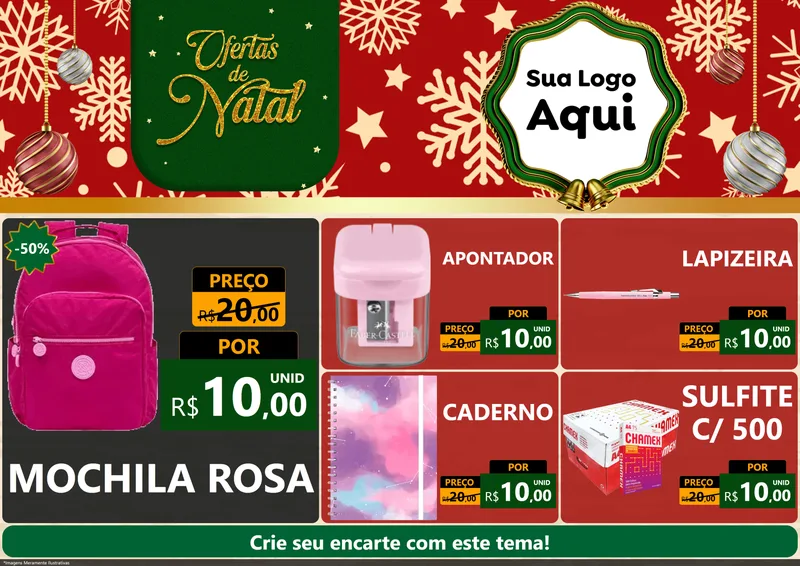Modelo de Encarte para Encarte A4 Horizontal com o tema Natal de Ofertas para Papelaria