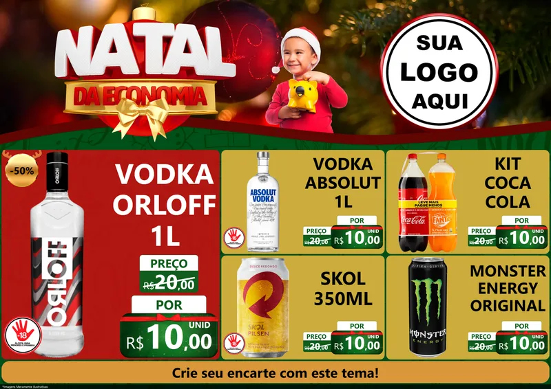 Modelo de Encarte para Encarte A4 Horizontal com o tema Natal da Economia para Distribuidora de bebidas