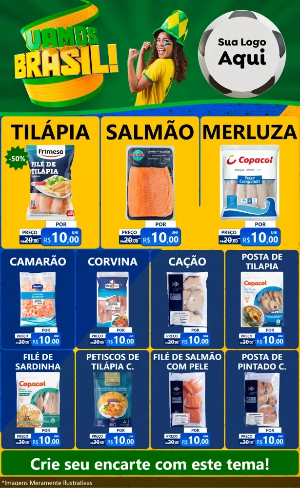 Modelo de Encarte para Encarte Grande com o tema Vamos Brasil - Copa para Peixaria