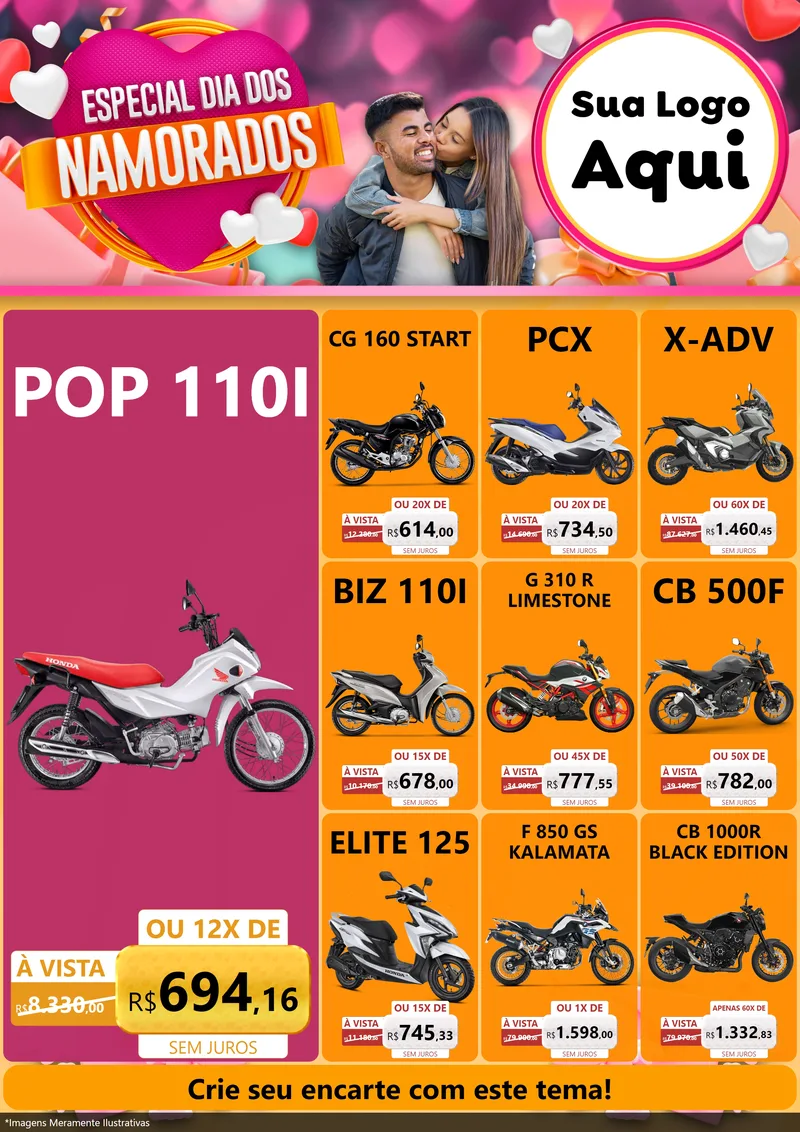 Modelo de Encarte para Encarte A4 Vertical com o tema Especial Dia dos Namorados para Concessionaria de Motos