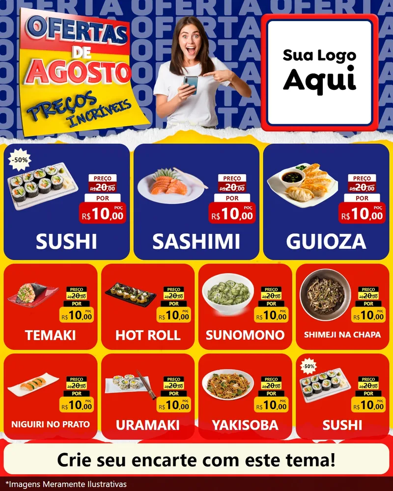 Modelo de Rede Social para Feed Instagram com o tema Ofertas de Agosto - Preços Incríveis para Comida japonesa