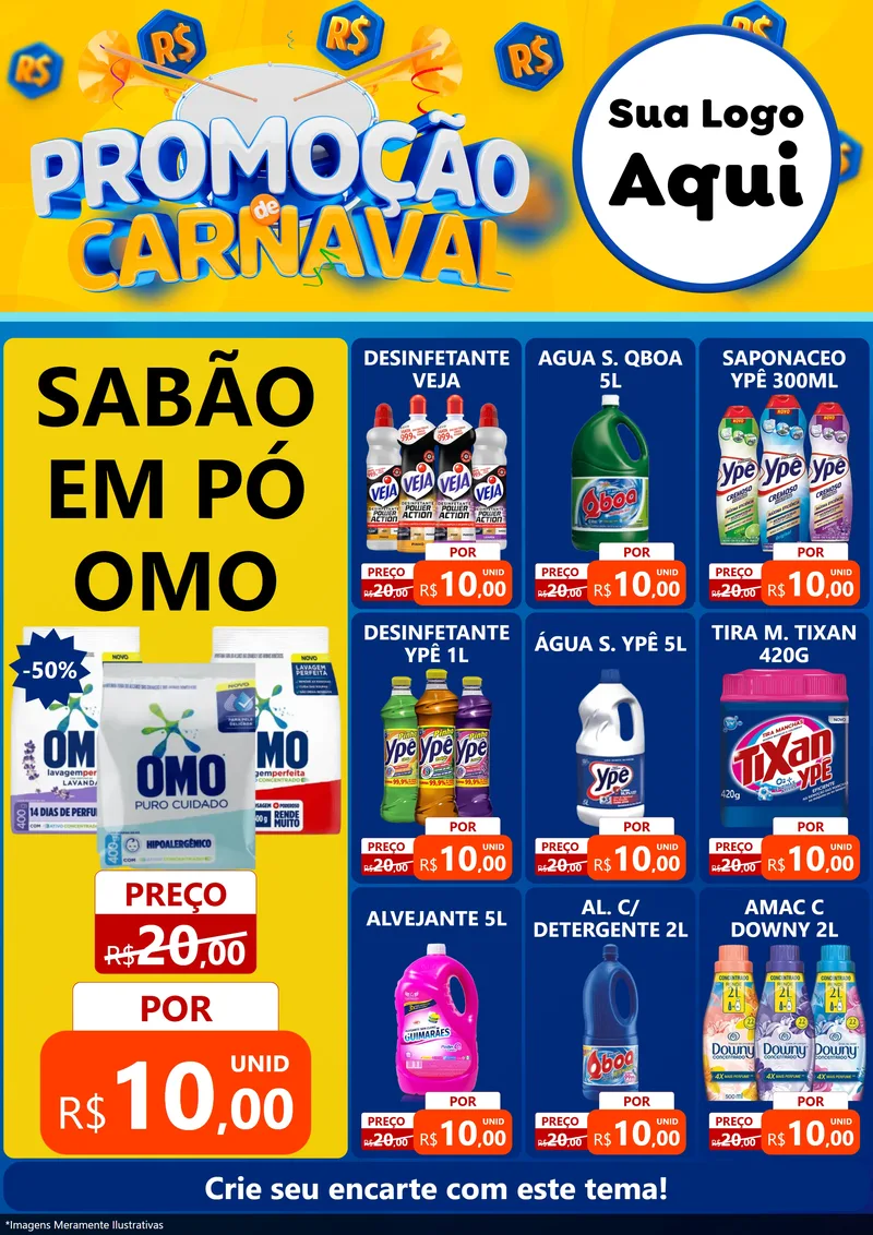 Modelo de Encarte para Encarte A4 Vertical com o tema Promoção de Carnaval para Produtos de Limpeza