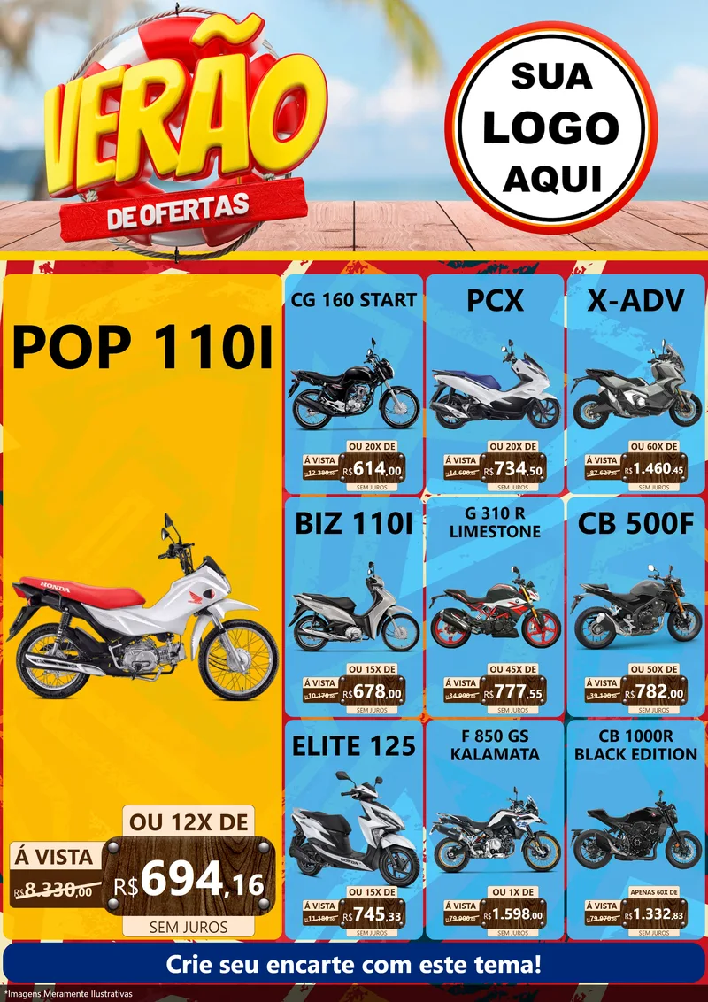 Modelo de Encarte para Encarte A4 Vertical com o tema Verão de Ofertas para Concessionaria de Motos
