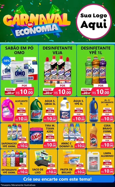 Modelo de Encarte para Encarte Grande com o tema Carnaval da Economia para Produtos de Limpeza