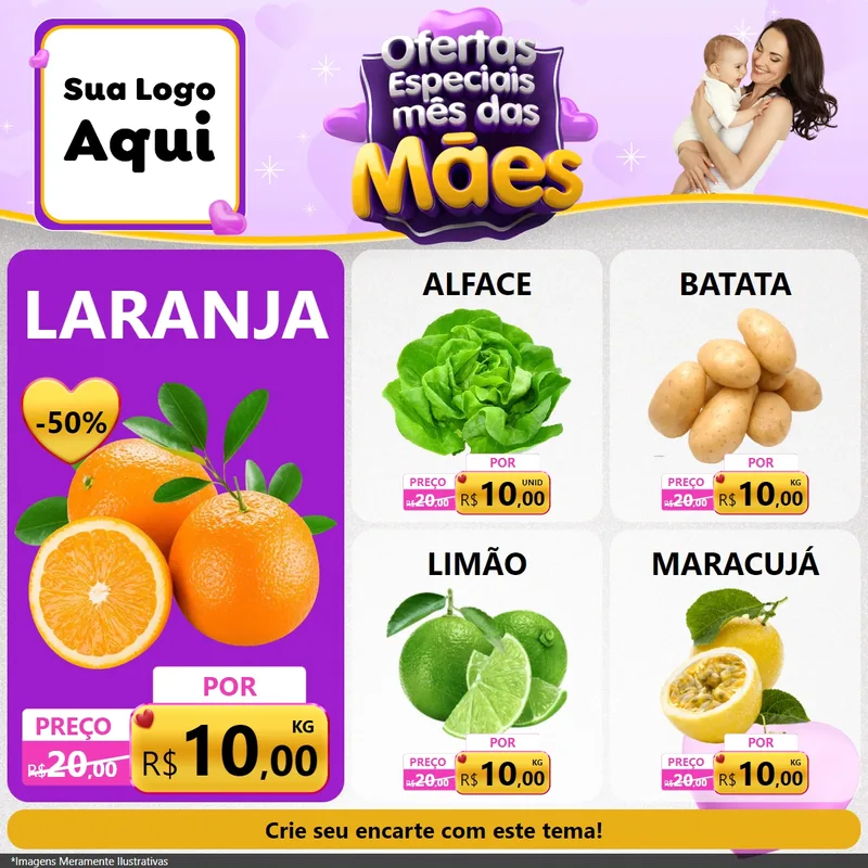Modelo de Rede Social para Feed Facebook com o tema Ofertas Especiais - Mês das Mães para Hortifrúti