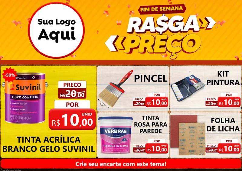 Modelo de Encarte para Encarte A4 Horizontal com o tema Fim de Semana Rasga Preços para Tintas e Ferramentas