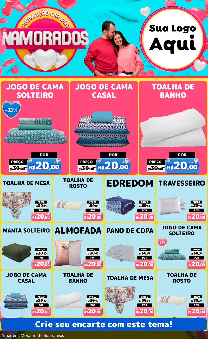 Modelo de Encarte para Encarte Grande com o tema Promoção Dia dos Namorados para Cama, Mesa e Banho
