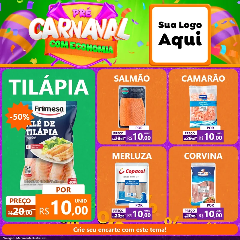 Modelo de Rede Social para Feed Facebook com o tema Pré-Carnaval Com Economia para Peixaria