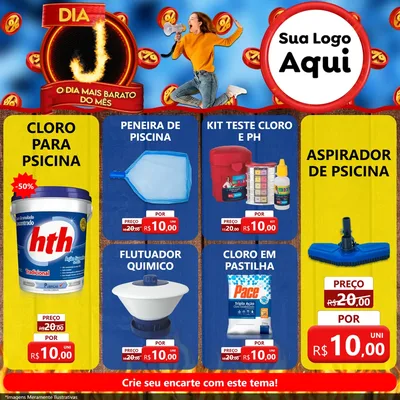 Modelo de Rede Social para Feed Facebook com o tema Dia J - O Dia Mais Barato Do Mês para Produtos para Piscina