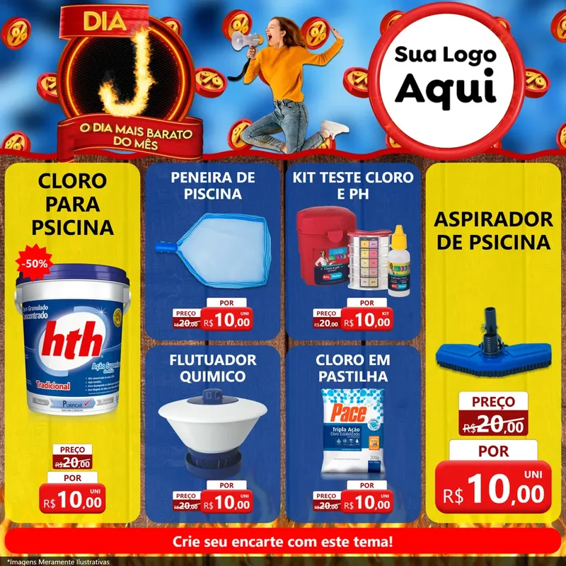 Modelo de Rede Social para Feed Facebook com o tema Dia J - O Dia Mais Barato Do Mês para Produtos para Piscina