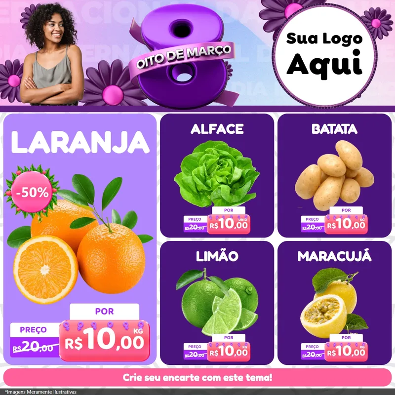 Modelo de Rede Social para Feed Facebook com o tema Oito de Março - Dia da Mulher para Hortifrúti