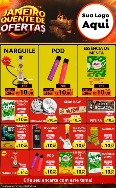 Modelo de Encarte para Encarte Grande com o tema Janeiro Quente de Ofertas para Tabacaria