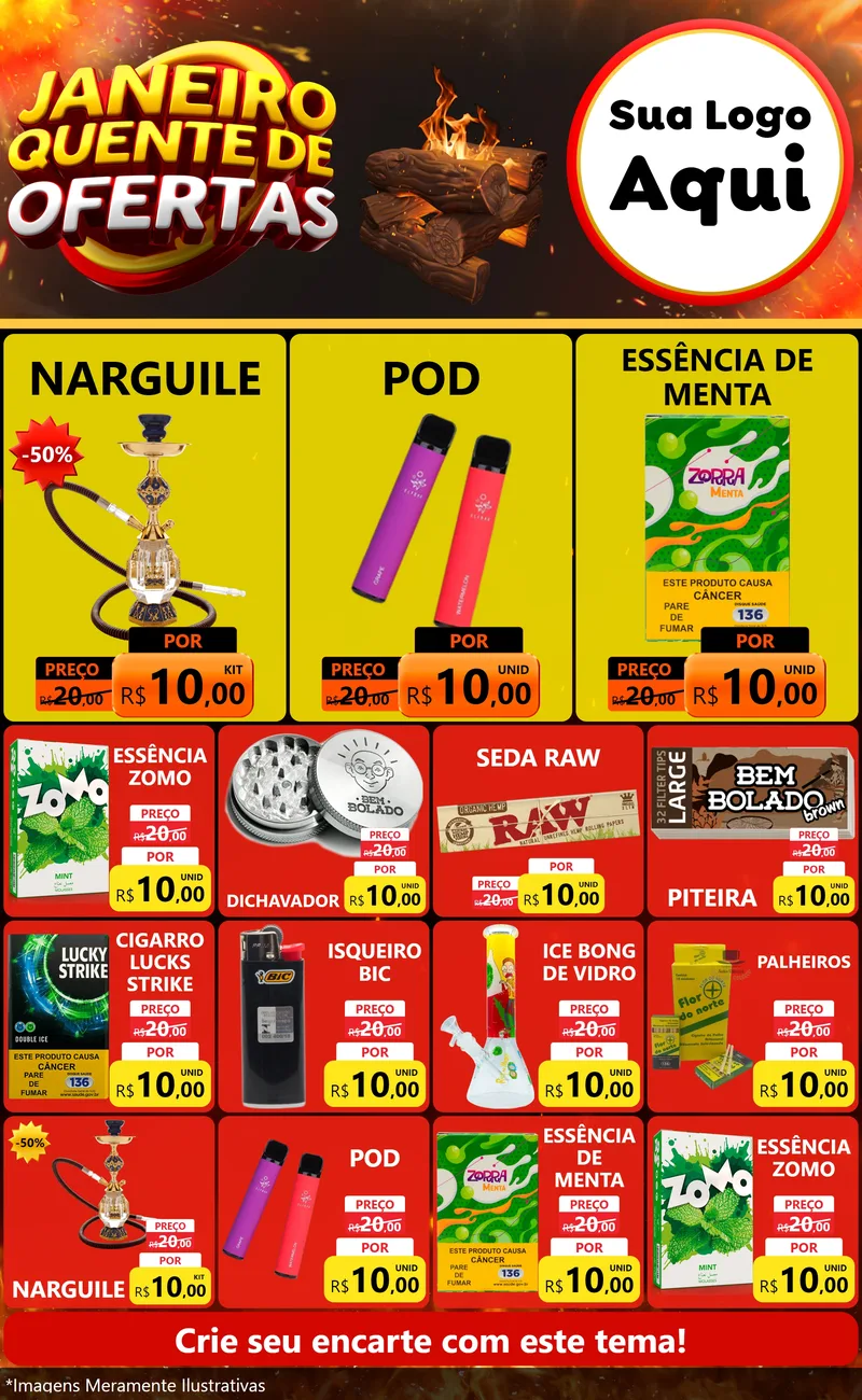 Modelo de Encarte para Encarte Grande com o tema Janeiro Quente de Ofertas para Tabacaria
