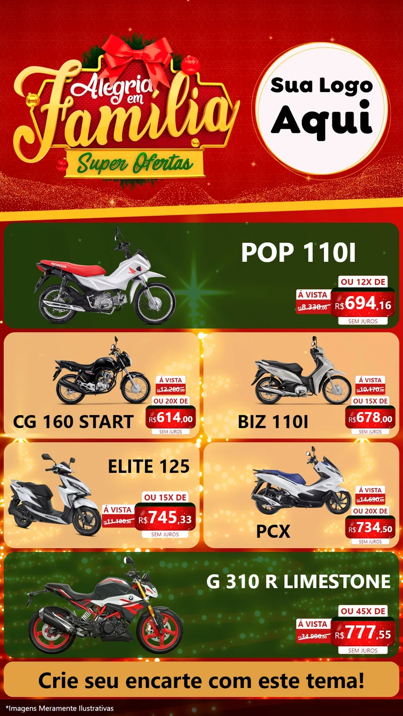 Modelo de TV para TV Vertical com o tema Alegria em Família Super Ofertas - Natal para Concessionaria de Motos